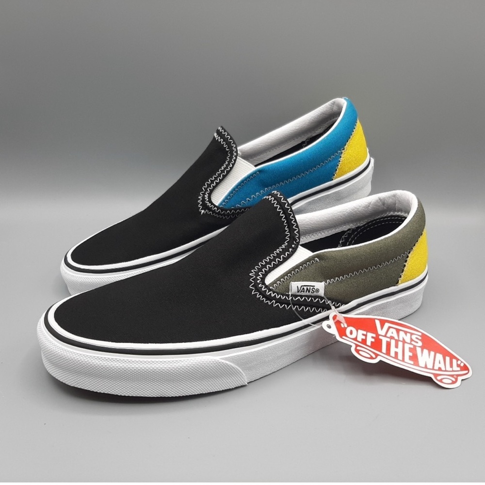 New Vans Classic Slip-On Zig Zag White Stitching Black Blue Yellow Women's 7